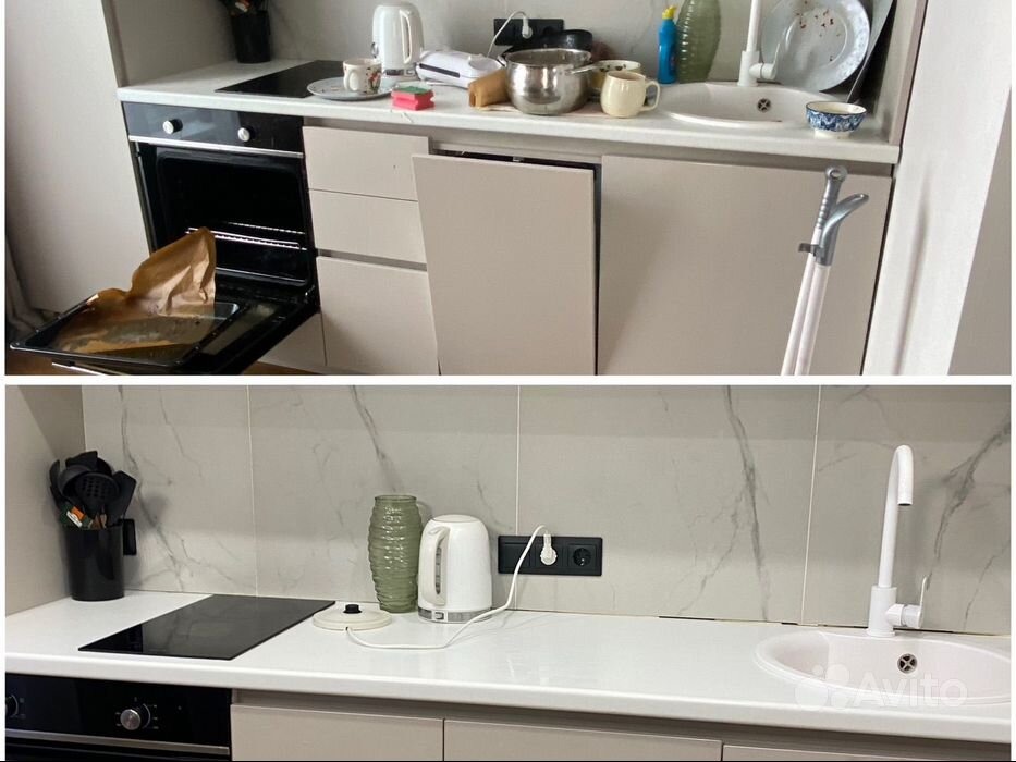 Zdjęcie 'przed i po' czyszczenia kuchni: brudny piekarnik i zlew pełen naczyń, kontra czysty piekarnik i lśniący blat z umytym zlewem.