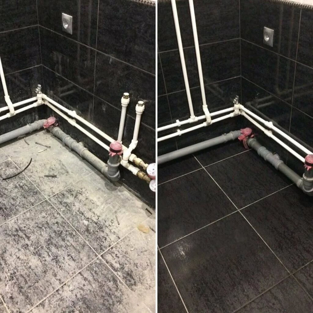 Porównanie: brudna i czysta podłoga po czyszczeniu w rogu łazienki z czarnymi płytkami i rurami. Widoczna różnica w czystości fug i płytek.