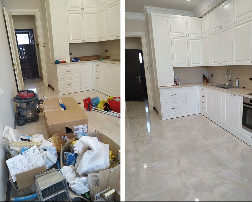 Kuchnia przed i po sprzątaniu: bałagan na podłodze z narzędziami i odkurzaczem, a następnie czysta, biała zabudowa i błyszcząca podłoga.