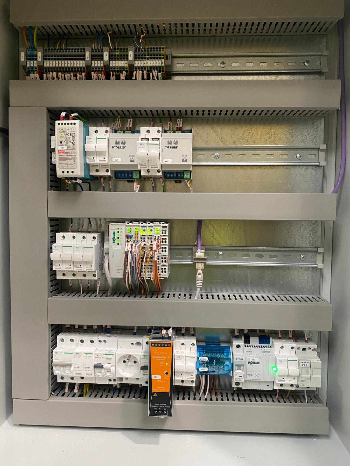 Wnętrze szafy sterowniczej z modułami, bezpiecznikami, złączkami i przewodami. Widoczne elementy marek Intesis, Wago i Schneider Electric.