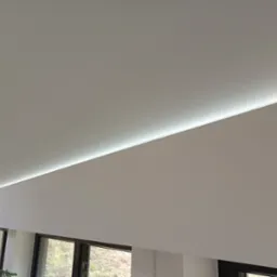 Biały sufit z subtelnym oświetleniem LED wzdłuż krawędzi, widoczne okna z czarnymi ramami i zieleń za nimi. Minimalistyczny design.