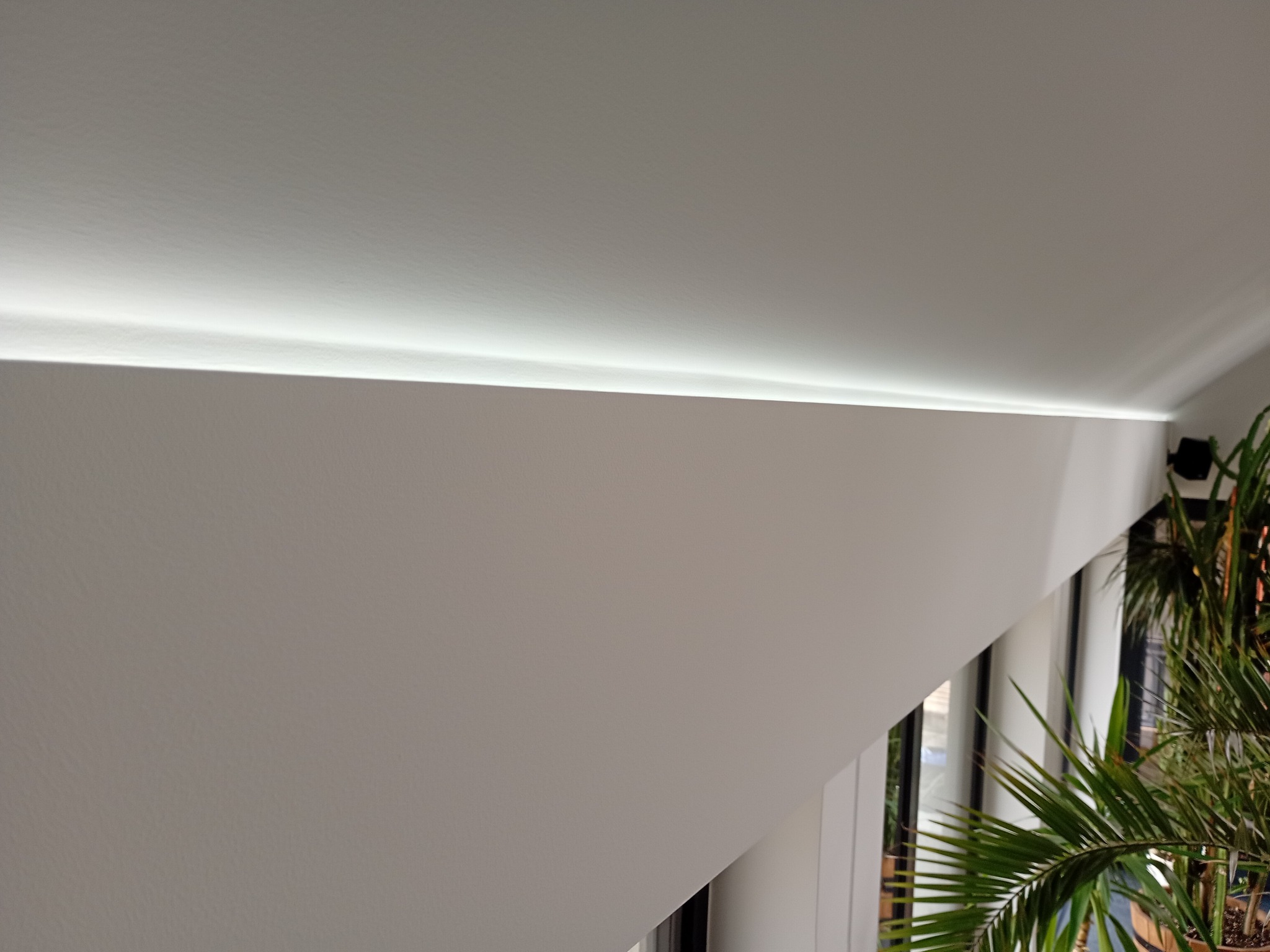 Nowoczesne, subtelne oświetlenie LED pod sufitem w jasnym wnętrzu. Minimalistyczny design z rośliną w tle, tworzący przytulną atmosferę w pomieszczeniu.