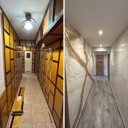 AZ DECOR - Korytarz przed i po remoncie: od boazerii z szafkami do nowoczesnego wykończenia z panelami i dekoracyjną tapetą imitującą marmur ze złotymi żyłami.
