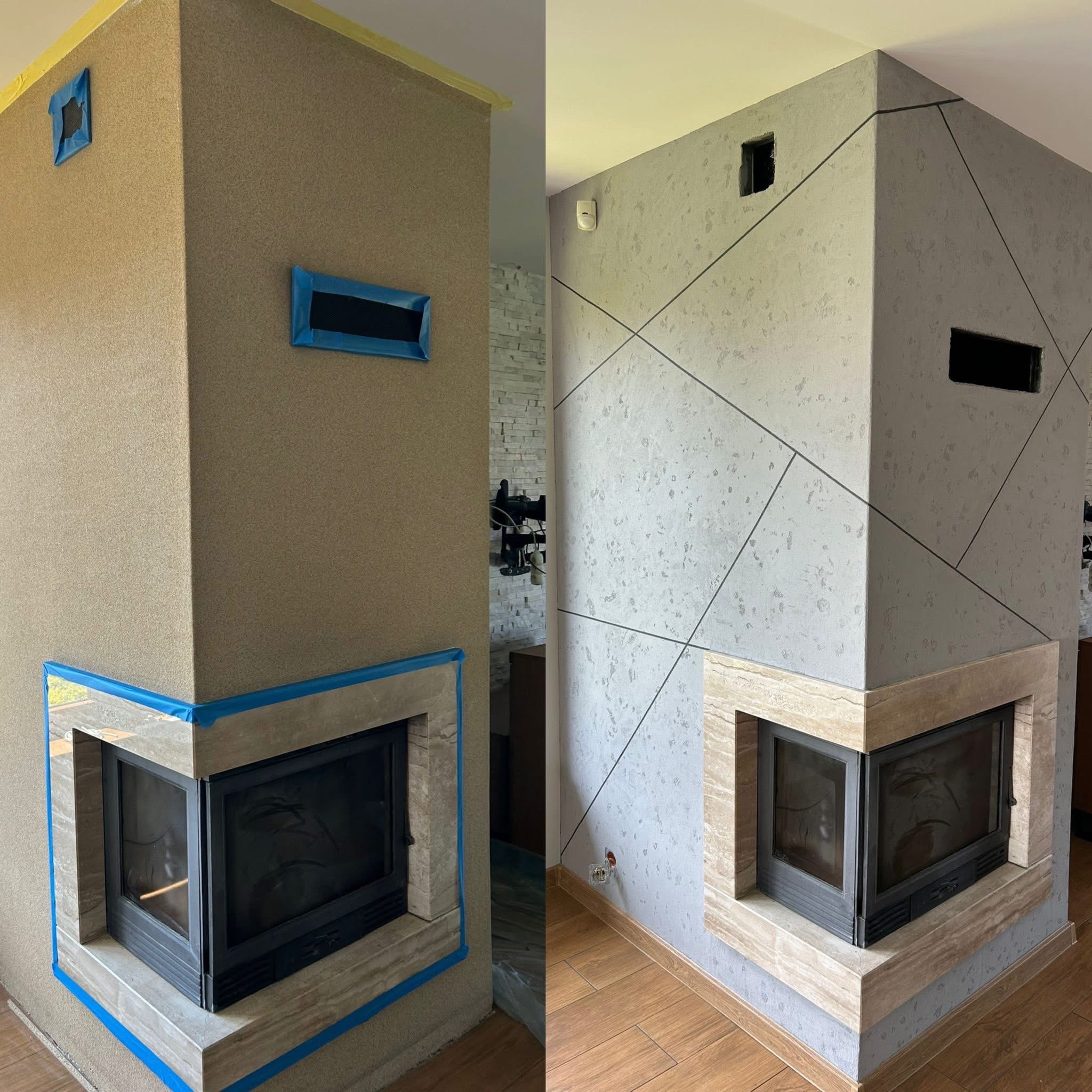 Remont kominka w Inowrocławiu: zdjęcie 'przed' z taśmą malarską i 'po' z dekoracyjnym szpachlowaniem i czarnymi liniami, ukazujące metamorfozę i efekt wykończenia.