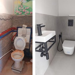 Arko - Zdjęcie 'przed i po' remontu toalety: widoczne stare sanitariaty z odsłoniętą instalacją oraz nowa, minimalistyczna aranżacja z szarą glazurą i nowoczesną armaturą.