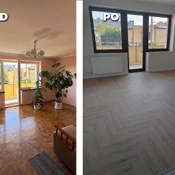 Arko - Zdjęcie 'przed i po' prezentujące metamorfozę wnętrza: od różowych ścian i starej podłogi do jasnych ścian i parkietu ułożonego w jodełkę. Widok na balkon.