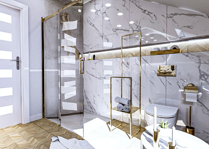 Elegancka łazienka z kabiną prysznicową w stylu glamour, marmurowe płytki, złote akcenty, drewniana podłoga ułożona w jodełkę. Nowoczesny design z dbałością o detale.