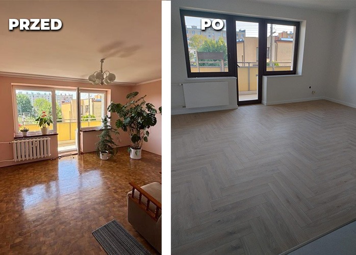 Zdjęcie 'przed i po' prezentujące metamorfozę wnętrza: od różowych ścian i starej podłogi do jasnych ścian i parkietu ułożonego w jodełkę. Widok na balkon.