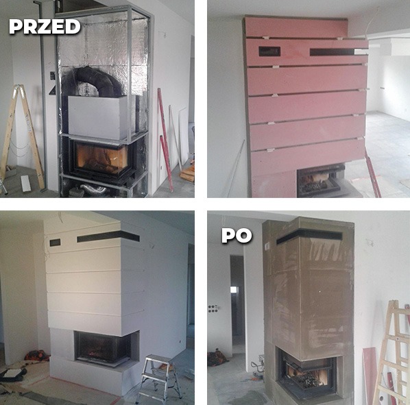 Czteropanelowe zdjęcie kominka: stan surowy, obudowa z płyt, wykończony kominek. Widoczne drabiny, narzędzia i otoczenie w trakcie prac wykończeniowych. Ujęcie 'przed i po'.