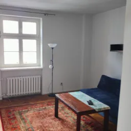 Jasne wnętrze pokoju z drewnianą podłogą i dywanem. Widoczne okno, grzejnik, szafa, lampa stojąca i niebieska sofa. Na stole leżą piloty.