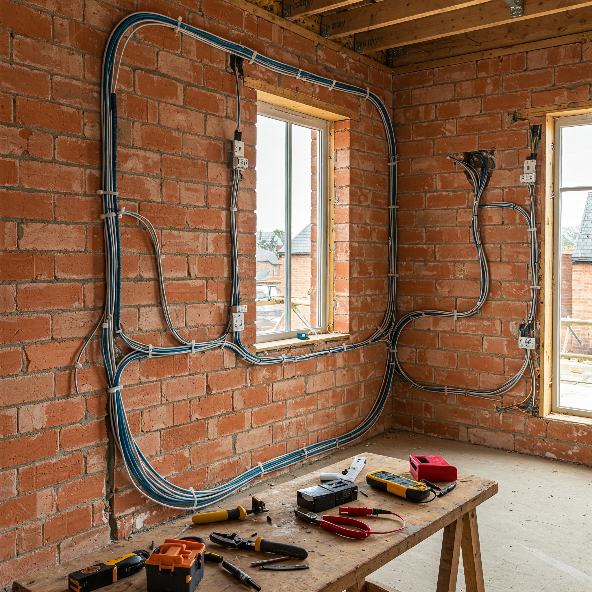 Surowe ściany z cegły z poprowadzonymi przewodami elektrycznymi w peszlach, przymocowanymi uchwytami. Na stole narzędzia elektryczne i skrzynka narzędziowa.