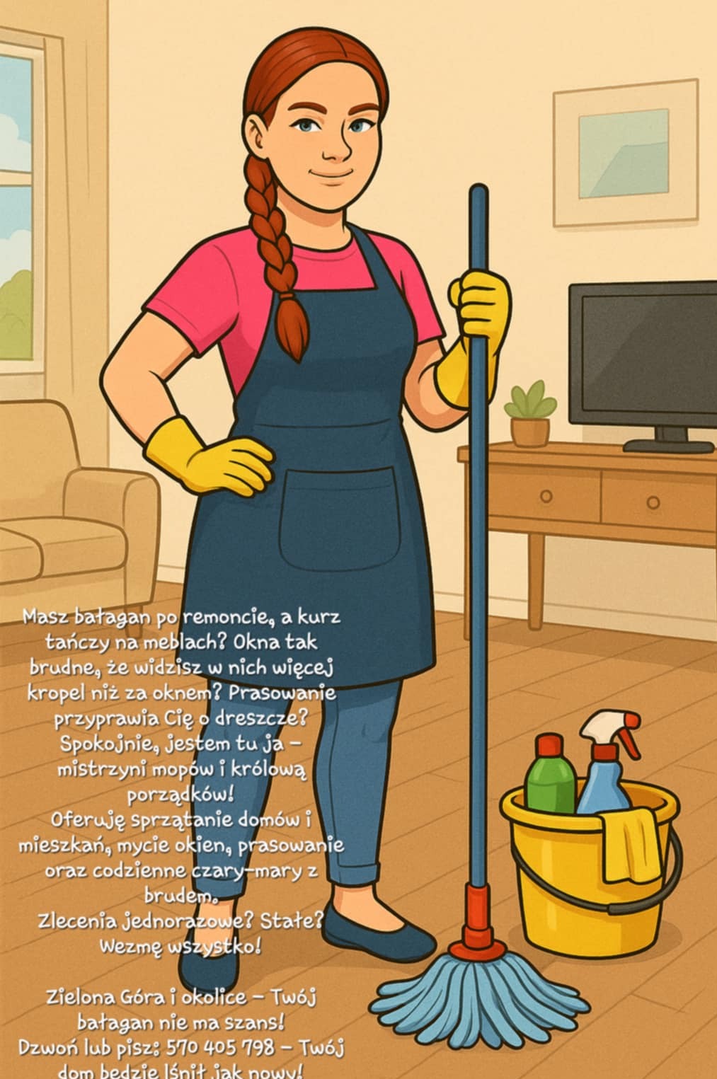 Kreskówkowa ilustracja kobiety w fartuchu z mopem i wiadrem środków czystości, oferującej sprzątanie domów i mieszkań w Zielonej Górze.