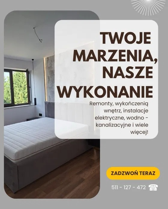 Nowoczesna sypialnia po remoncie: łóżko z szarym wezgłowiem, drewniana podłoga, okno z widokiem na zieleń. Reklama z hasłem 'Twoje marzenia, nasze wykonanie'.