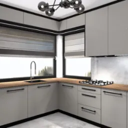 Szara kuchnia w stylu nowoczesnym z drewnianym blatem, czarnymi uchwytami i oknami z roletami. Nad blatem płyta gazowa i oświetlenie podszafkowe.