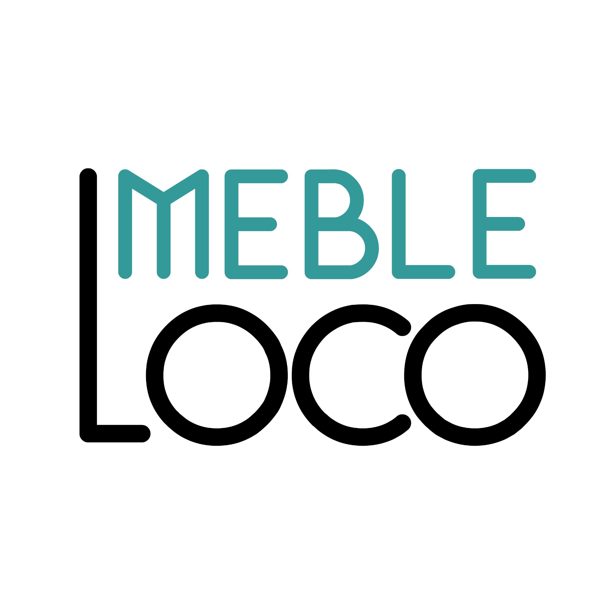 Minimalistyczne logo firmy meblarskiej: czarny napis 'LOCO' pod turkusowym 'MEBLE', na białym tle. Prosty, nowoczesny design.