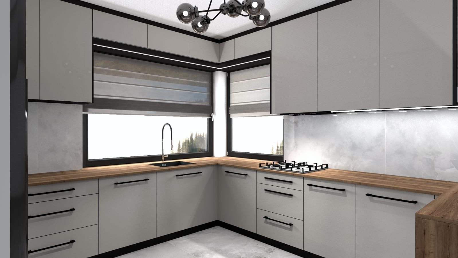 Szara kuchnia w stylu nowoczesnym z drewnianym blatem, czarnymi uchwytami i oknami z roletami. Nad blatem płyta gazowa i oświetlenie podszafkowe.
