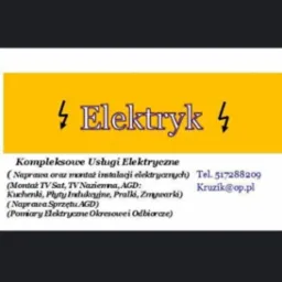Żółta reklama usług elektrycznych: montaż instalacji, naprawa AGD, pomiary. Kontakt: tel. 517288209, e-mail: Kruzik@op.pl. Oferta kompleksowa, obejmuje TV, SAT i AGD.