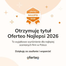 Usługi Elektryczne Ariel Kruzicki - Grafika Oferteo Najlepsi 2026: wyróżnienie dla najlepiej ocenianych firm w Polsce. Podziękowanie za zaufanie i wsparcie. Minimalistyczny design z pomarańczowymi akcentami.