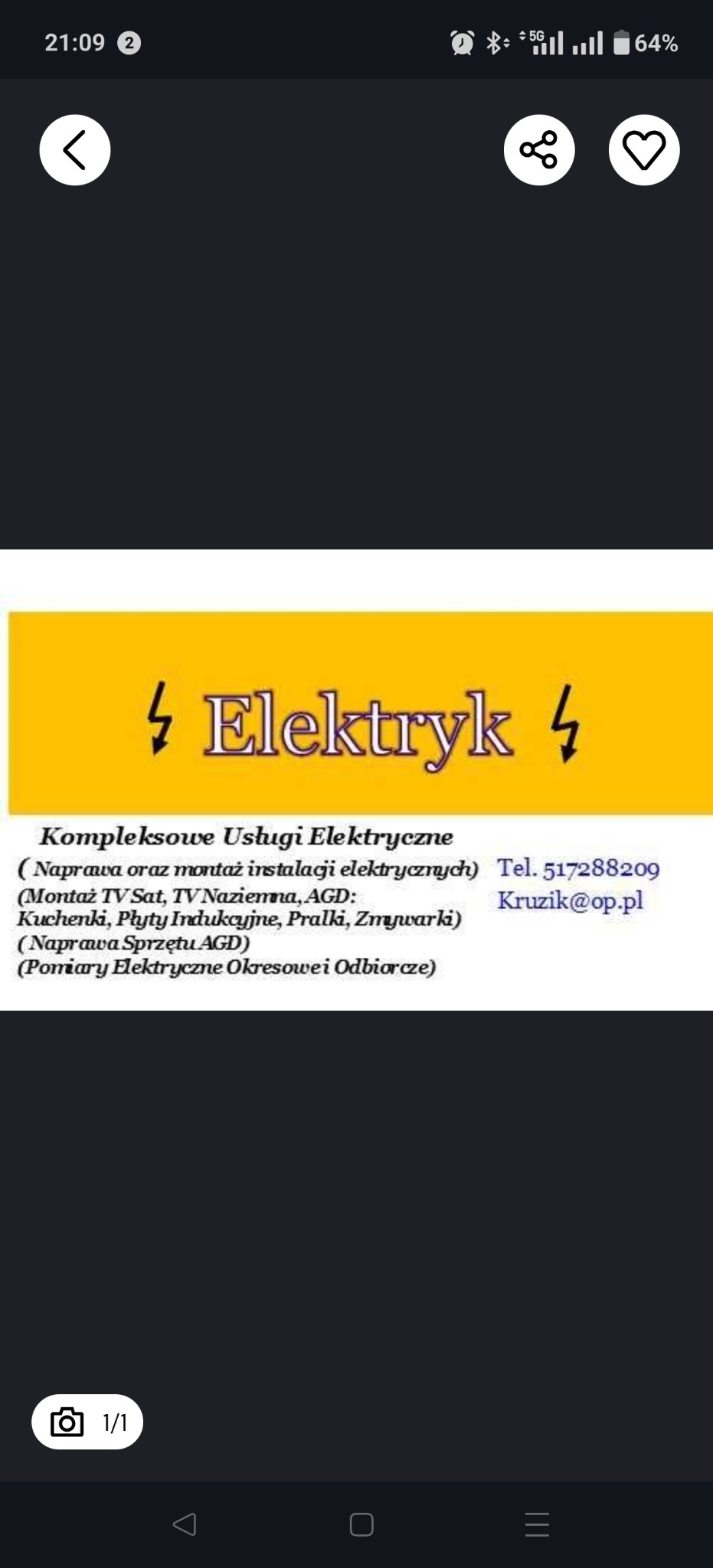 Żółta reklama usług elektrycznych: montaż instalacji, naprawa AGD, pomiary. Kontakt: tel. 517288209, e-mail: Kruzik@op.pl. Oferta kompleksowa, obejmuje TV, SAT i AGD.