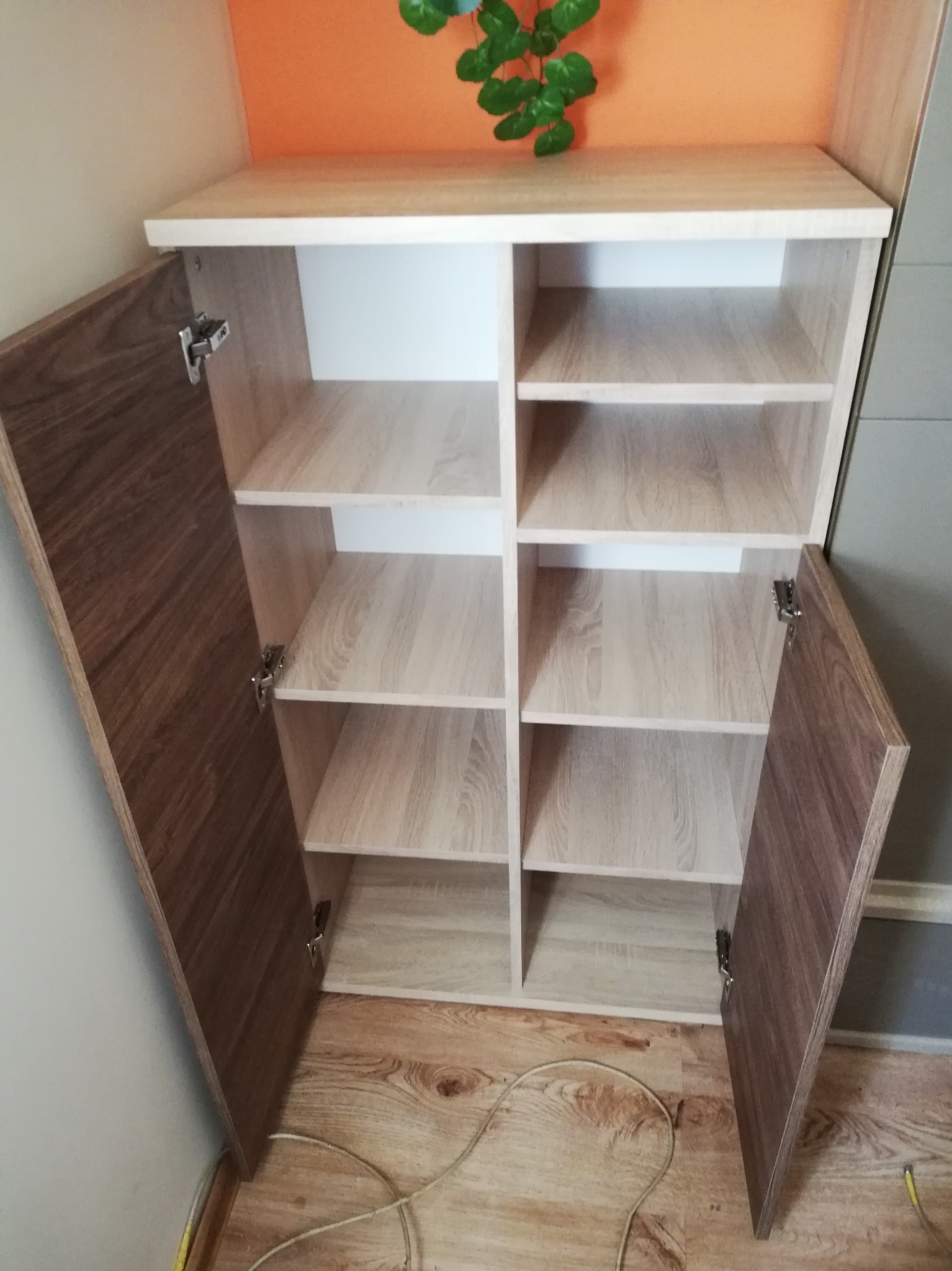 Otwarta szafka z półkami w odcieniach drewna, widoczna w Lublinie. Na górze roślina doniczkowa, wnętrze szafki jasne, drzwi w ciemniejszym odcieniu drewna.