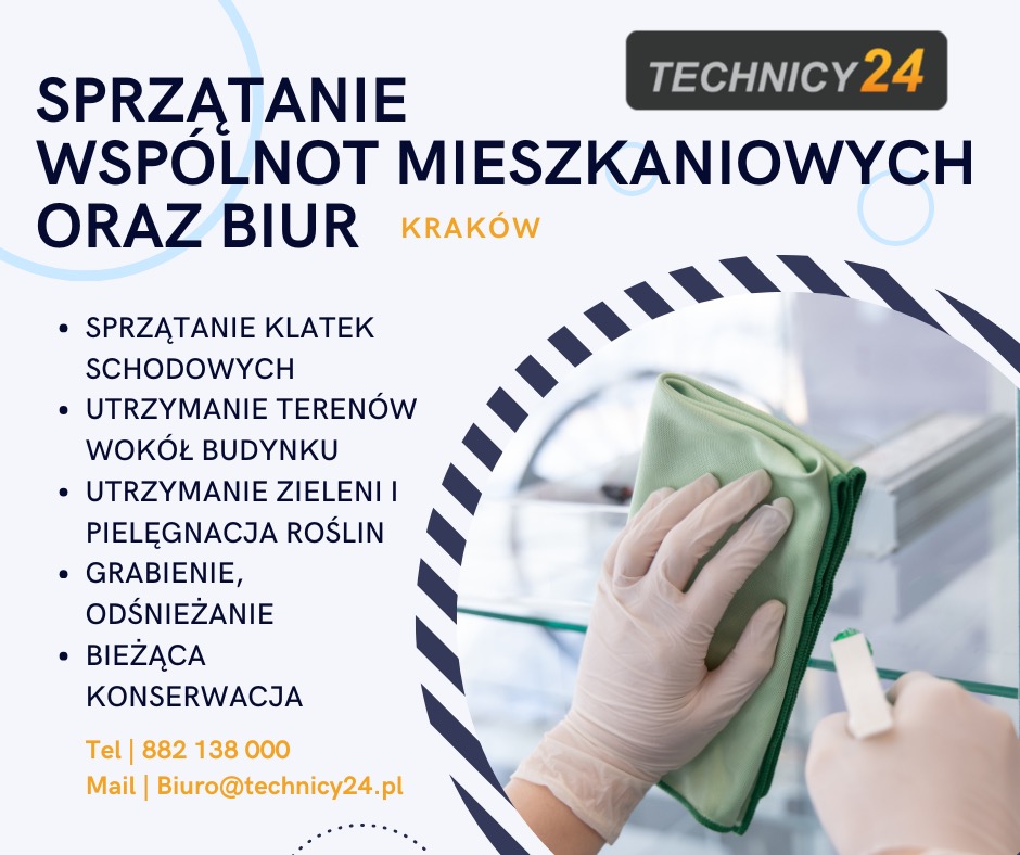 Grafika reklamowa: sprzątanie wspólnot mieszkaniowych i biur w Krakowie. Dłoń w rękawicy czyści szklaną powierzchnię ściereczką i płynem.
