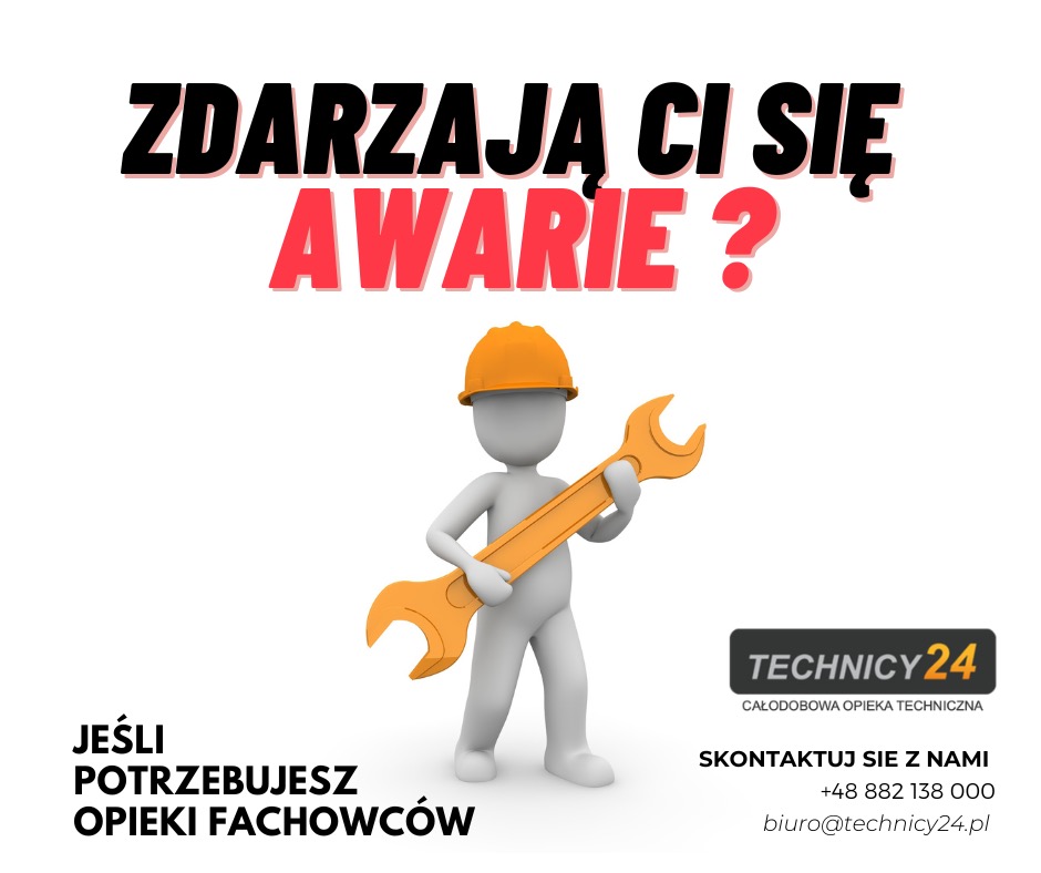 Grafika z animowaną postacią w kasku trzymającą klucz francuski, hasłem o awariach i logo firmy Technicy24 oferującej całodobową opiekę techniczną.