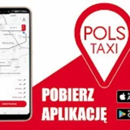 Ekran smartfona z otwartą aplikacją POLS Taxi na tle czerwonej grafiki z hasłem 'Pobierz Aplikację' i logo App Store i Google Play. Widoczna mapa z trasą.
