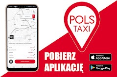 Ekran smartfona z otwartą aplikacją POLS Taxi na tle czerwonej grafiki z hasłem 'Pobierz Aplikację' i logo App Store i Google Play. Widoczna mapa z trasą.