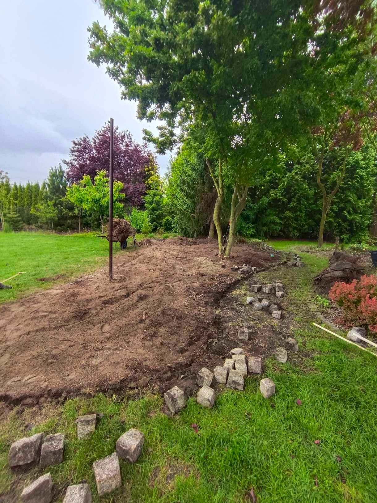 Przygotowany teren pod ścieżkę w ogrodzie z ułożonymi kostkami brukowymi, widoczne drzewa i taczka z ziemią. Etap prac ziemnych i układania ścieżki.