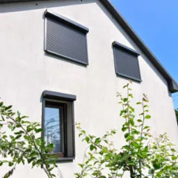 Elewacja domu z trzema oknami z zamontowanymi, zamkniętymi roletami zewnętrznymi w kolorze grafitowym. Na pierwszym planie widoczne krzewy.