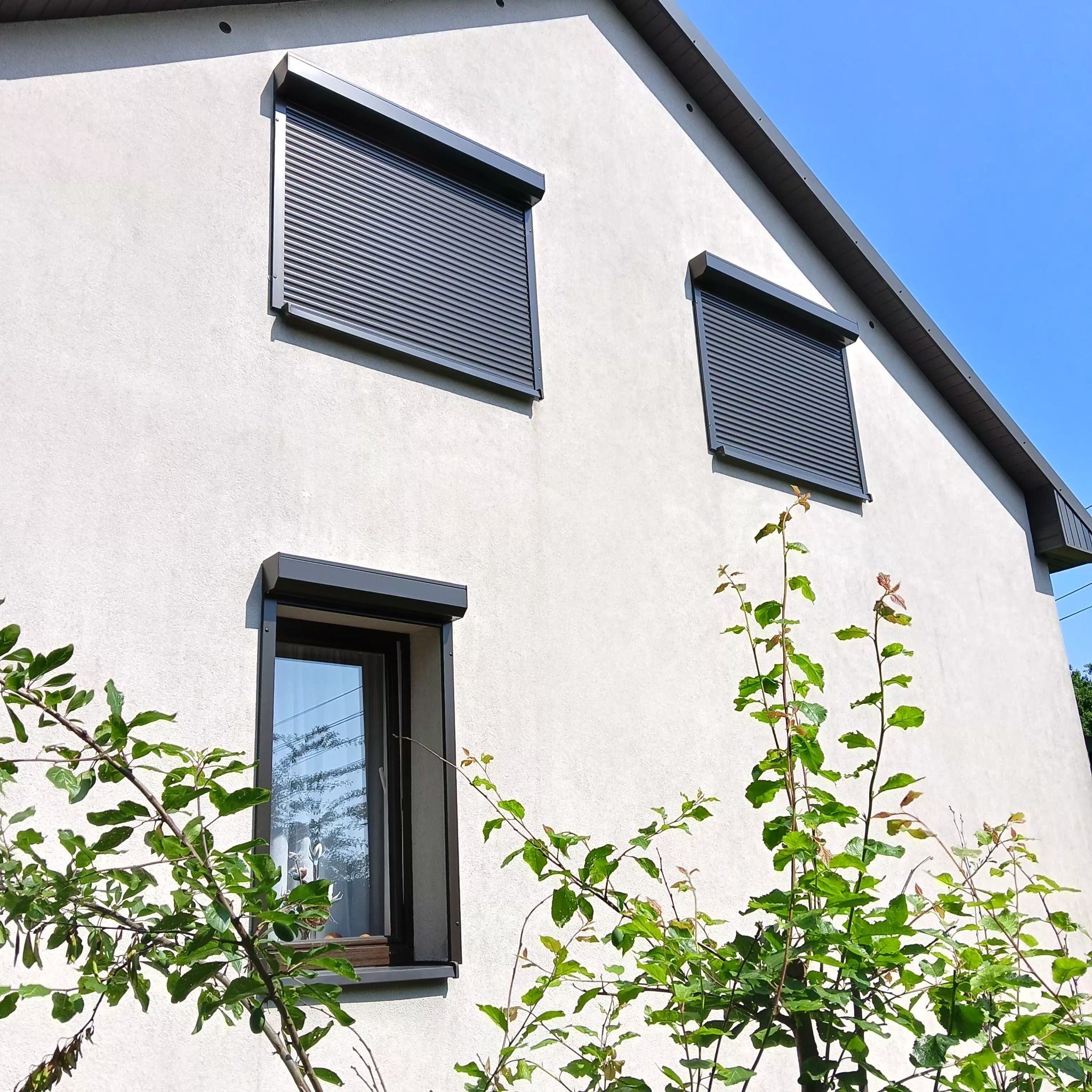Elewacja domu z trzema oknami z zamontowanymi, zamkniętymi roletami zewnętrznymi w kolorze grafitowym. Na pierwszym planie widoczne krzewy.