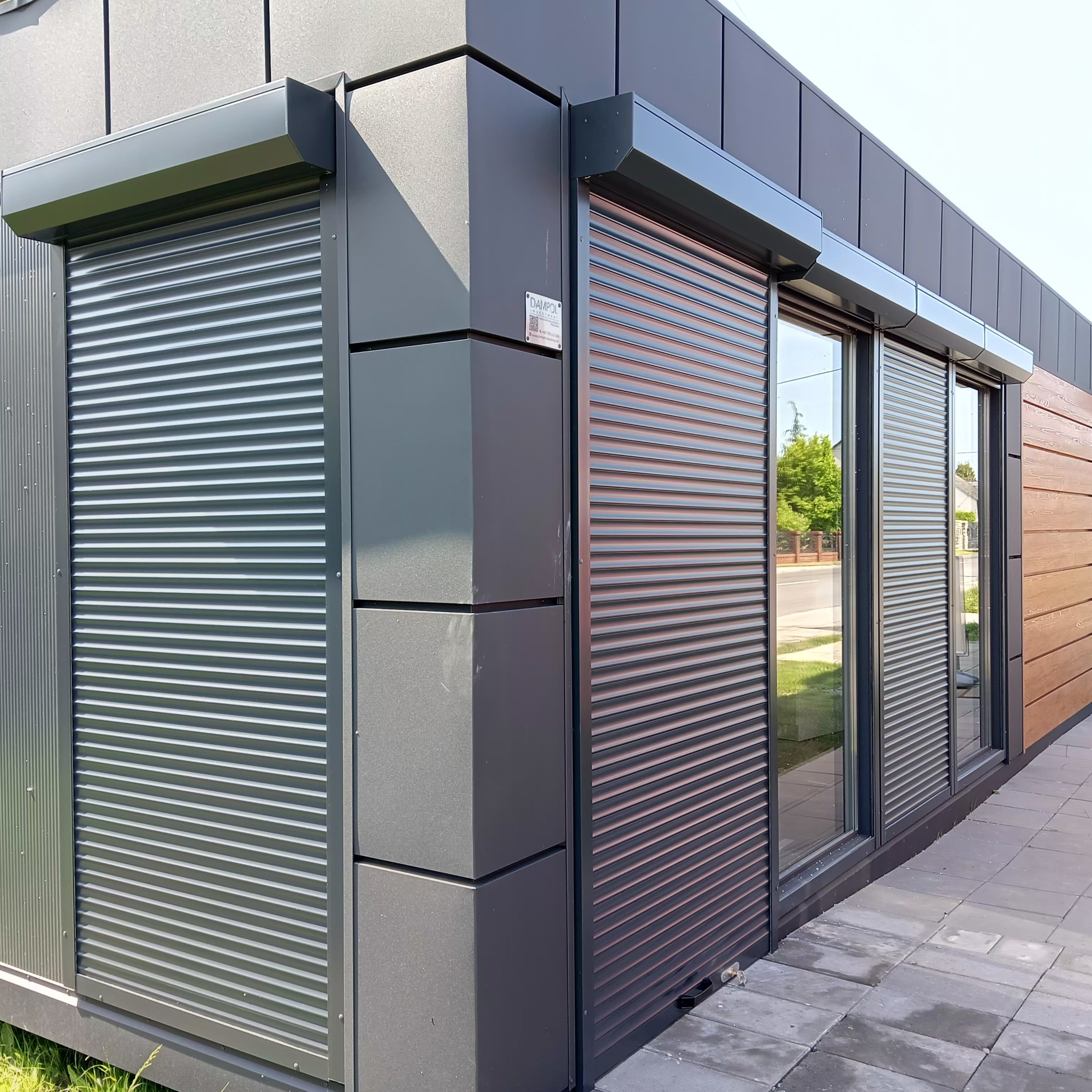 Nowoczesny dom z szarymi roletami zewnętrznymi. Rolety zamontowane na oknach i drzwiach, zapewniające bezpieczeństwo i prywatność. Widok z zewnątrz na budynek.