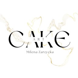WebStory - Eleganckie logo 'Cake Art' z imieniem Milena Zarzycka, czcionka w odcieniach czerni i złota, abstrakcyjne złote linie na białym tle. Minimalizm i nowoczesny design.