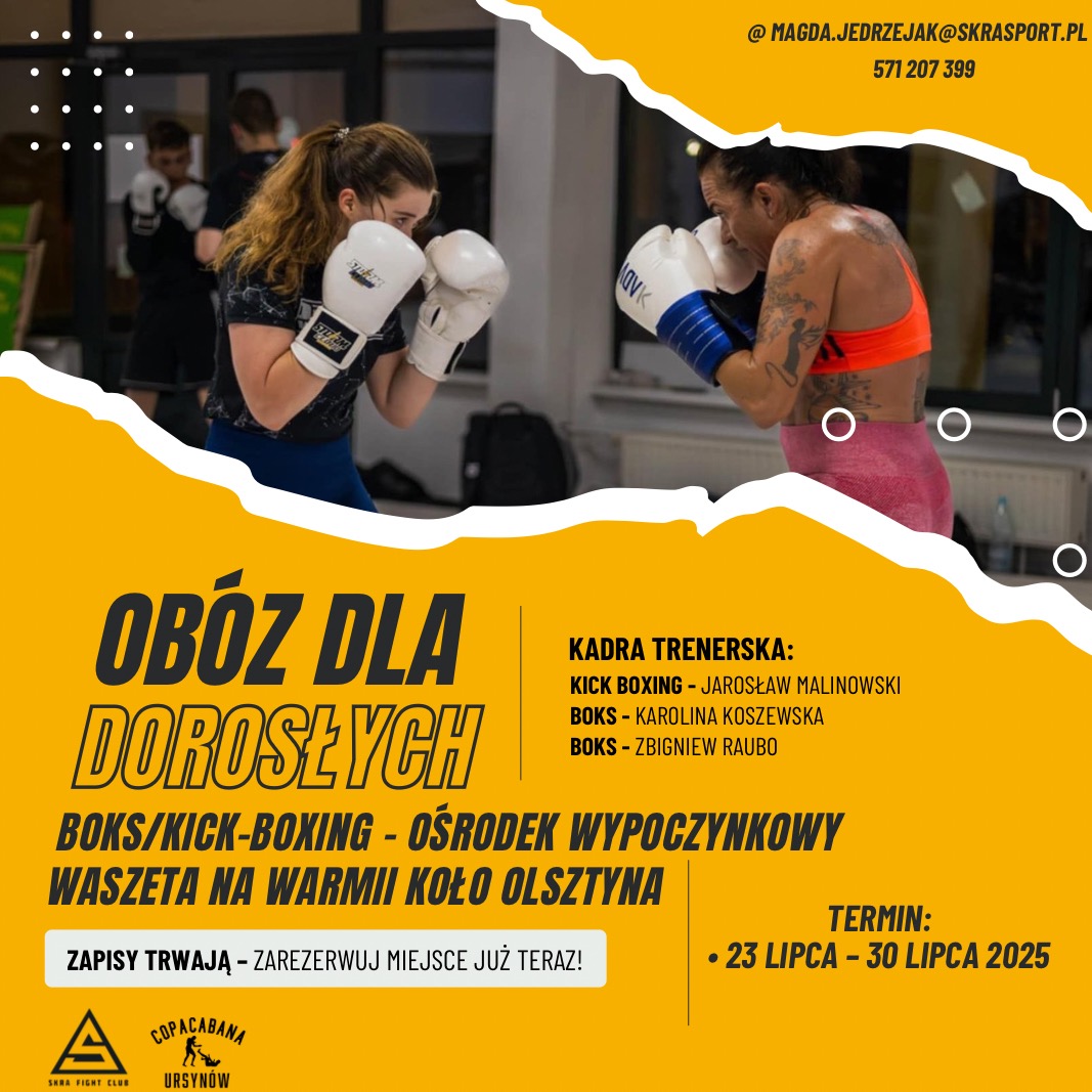 Plakat obozu bokserskiego dla dorosłych z dwiema bokserkami w ringu, informacjami o terminie, kadrze trenerskiej i miejscu: Waszeta na Warmii koło Olsztyna.