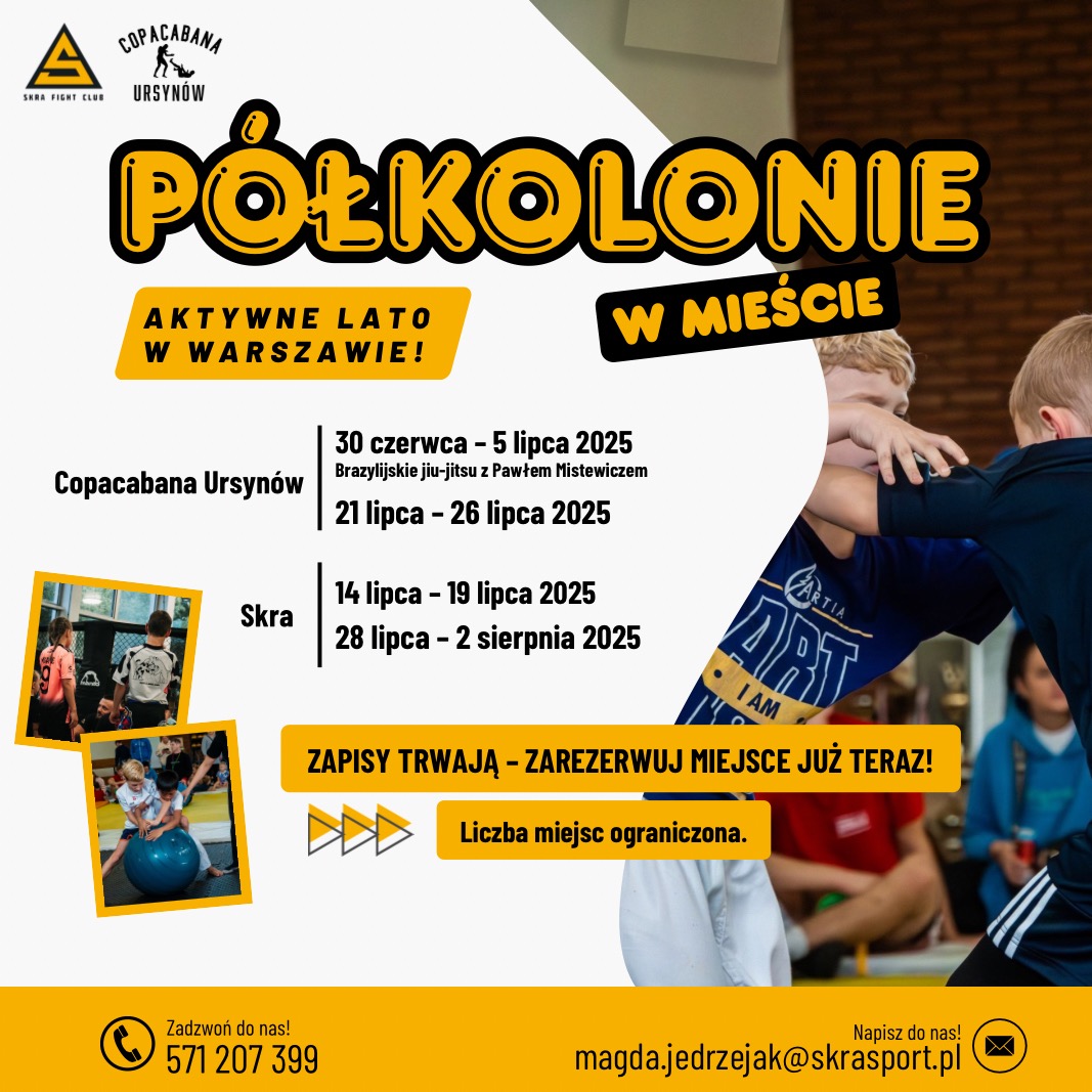 Żółto-czarny baner reklamowy półkolonii Copacabana Ursynów i Skra, z datami turnusów brazylijskiego jiu-jitsu i zdjęciami dzieci ćwiczących. Zapisy trwają.
