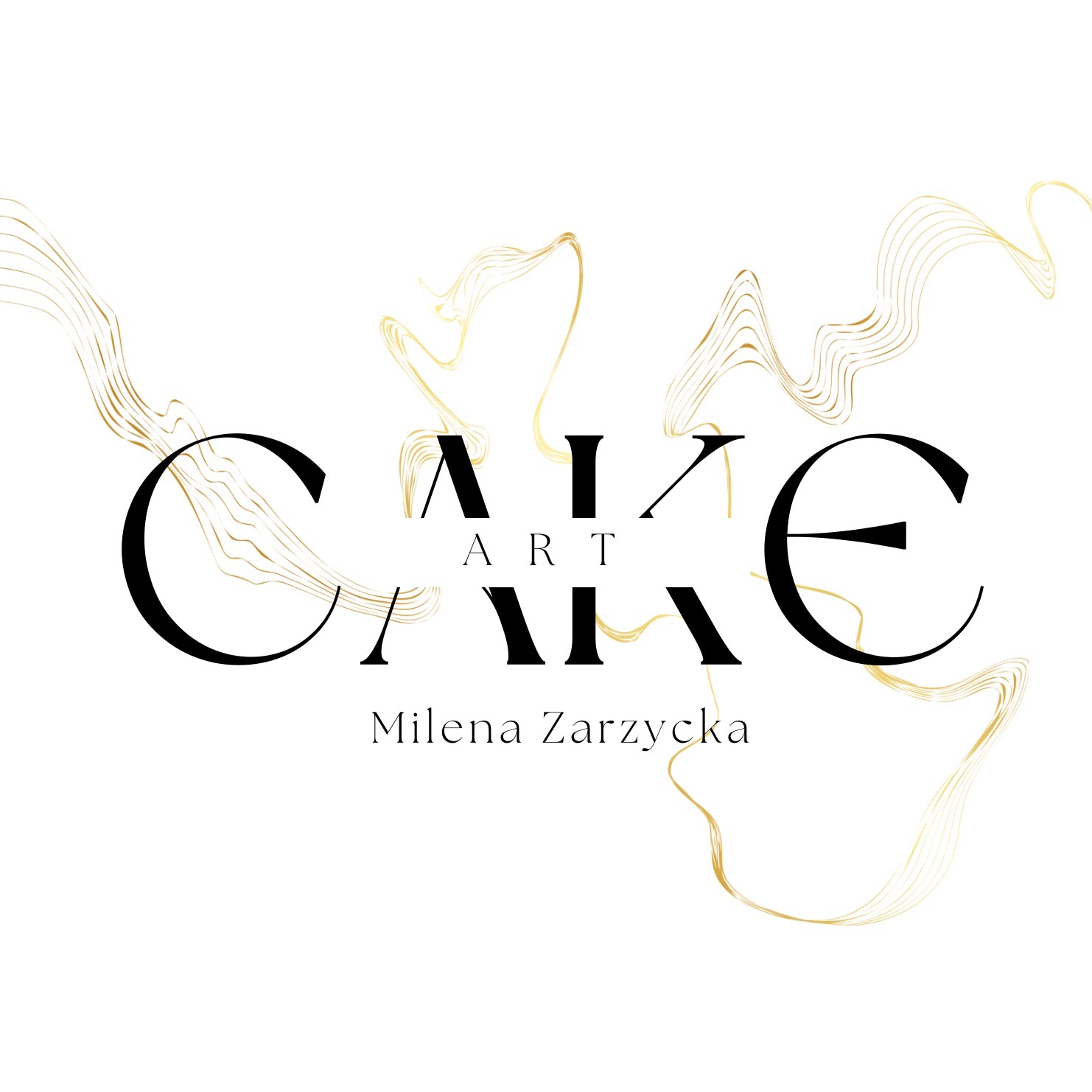 Eleganckie logo 'Cake Art' z imieniem Milena Zarzycka, czcionka w odcieniach czerni i złota, abstrakcyjne złote linie na białym tle. Minimalizm i nowoczesny design.