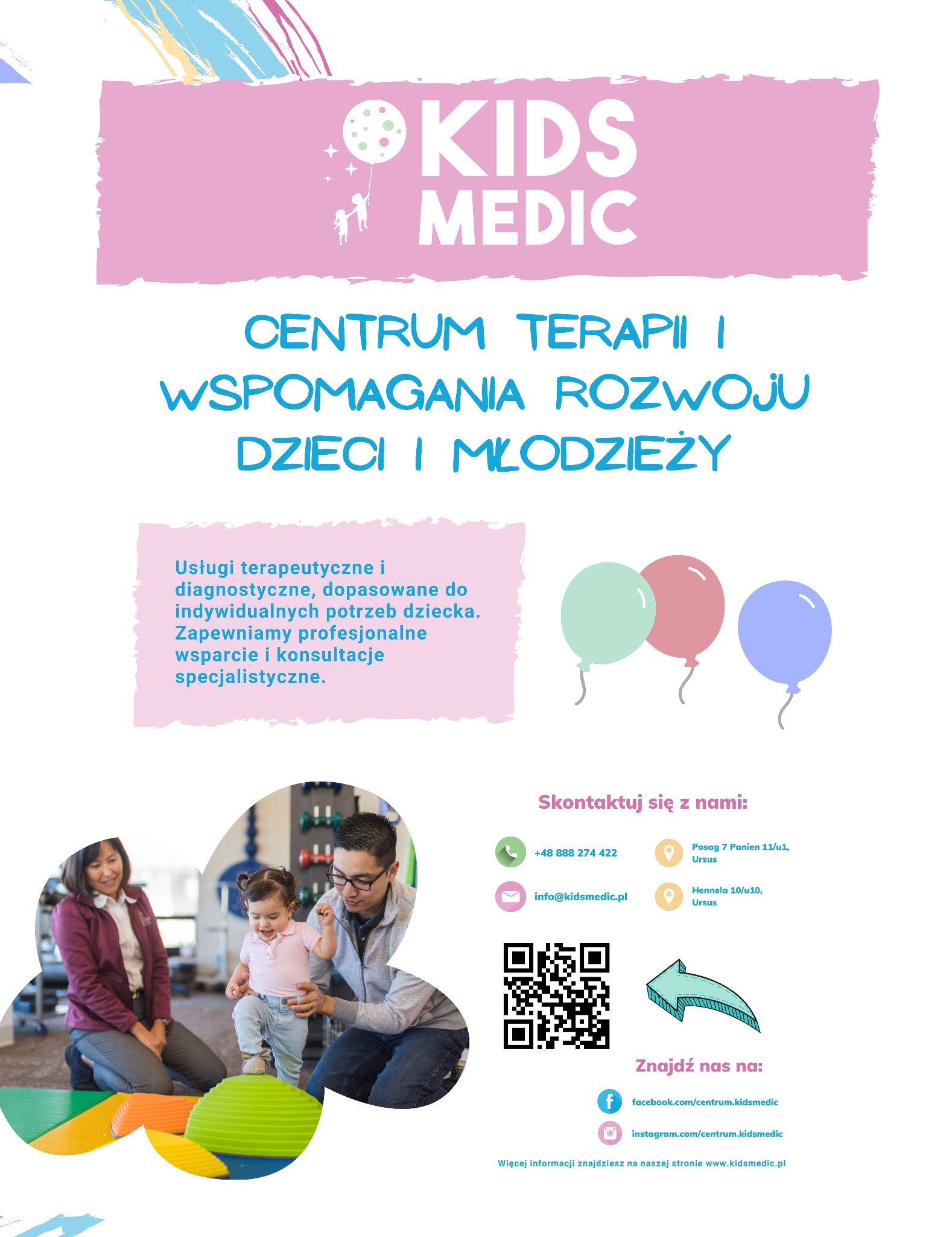 Plakat Kids Medic: Centrum terapii i wspomagania rozwoju dzieci i młodzieży. Oferta usług terapeutycznych, diagnostycznych, wsparcia i konsultacji.