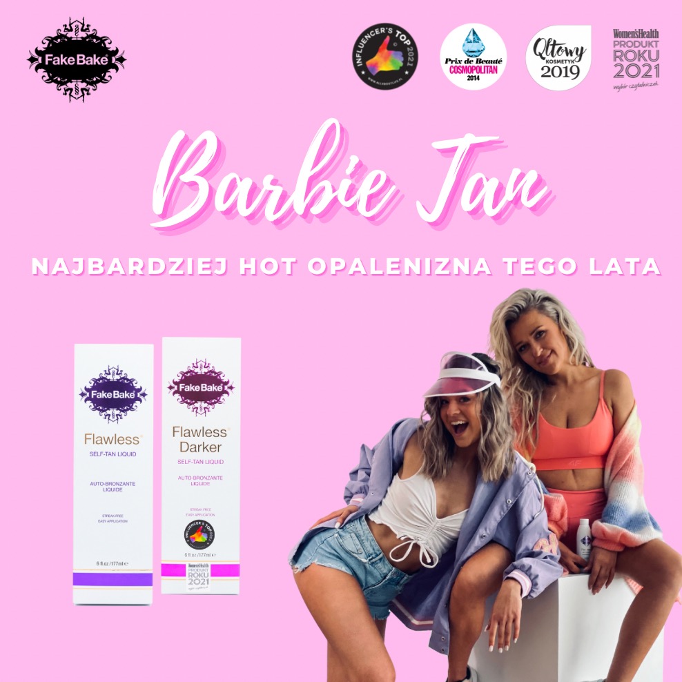 Różowe tło z napisem 'Barbie Jan', butelki samoopalacza Fake Bake i dwie uśmiechnięte kobiety prezentujące opaleniznę. Nagrody i wyróżnienia kosmetyczne w tle.