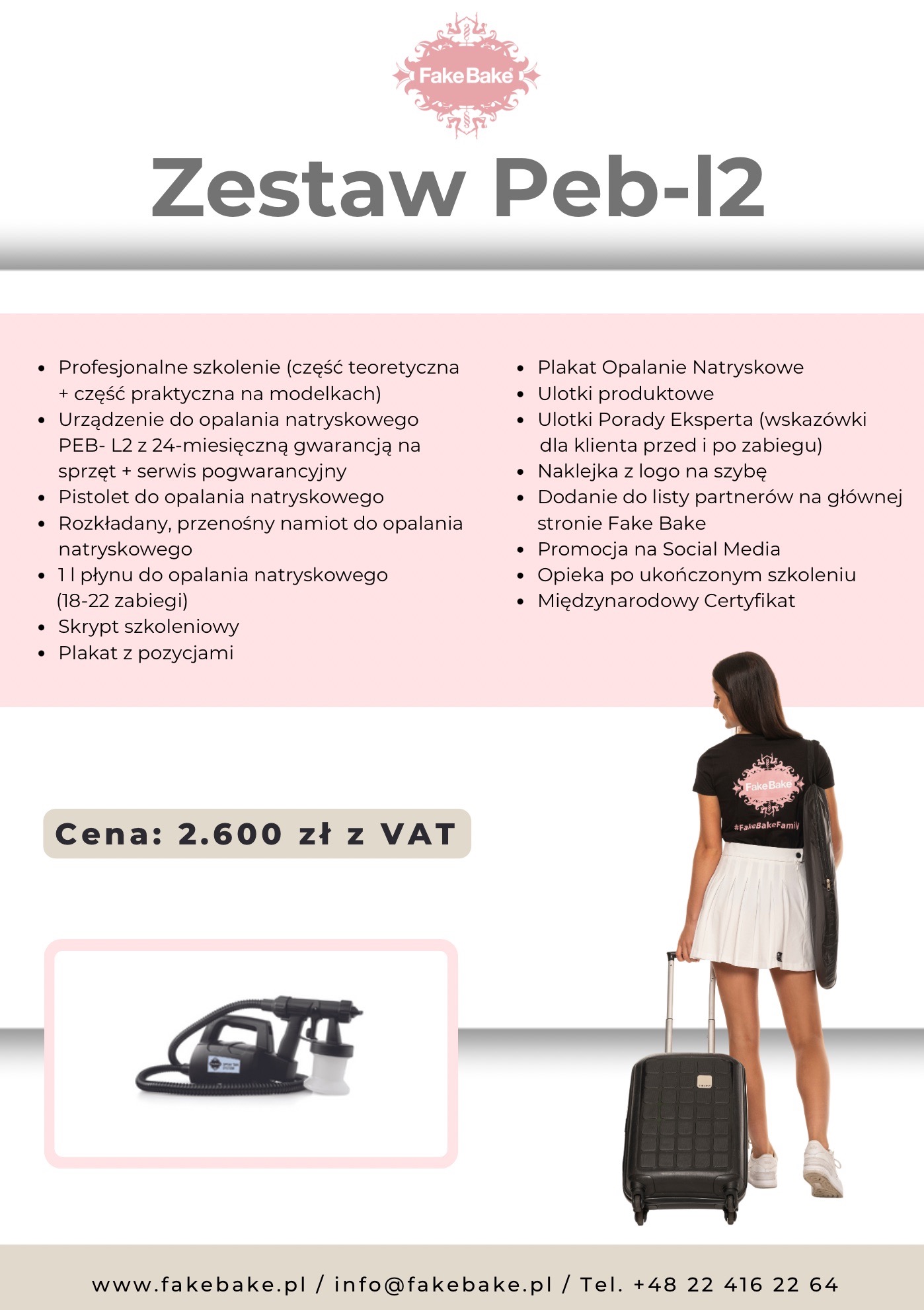 Zestaw do opalania natryskowego Fake Bake: urządzenie, płyn, ulotki, szkolenie, certyfikat. Modelka z walizką i logo na koszulce. Promocja usługi.