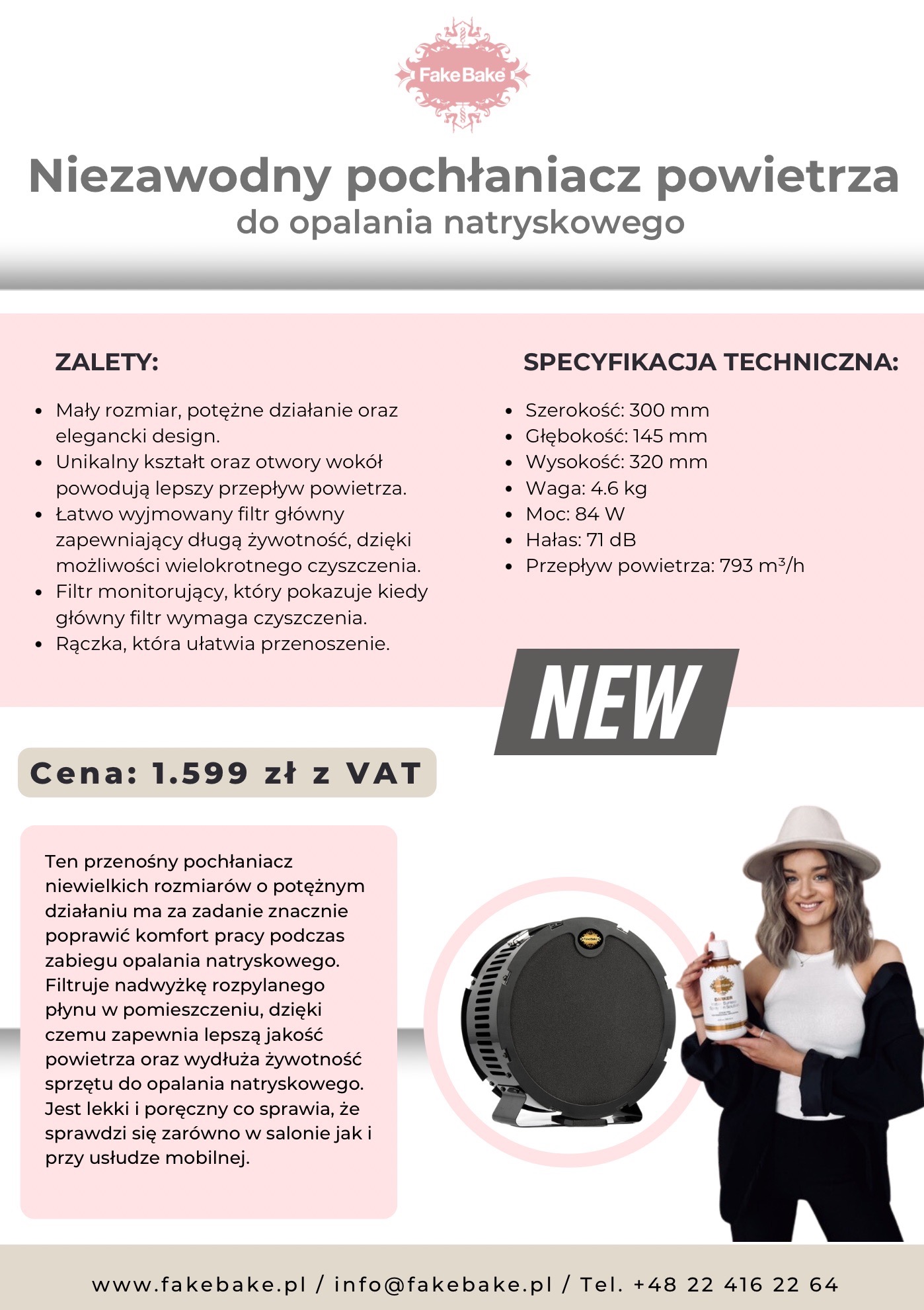 Pochłaniacz powietrza Fake Bake do opalania natryskowego, z modelką prezentującą produkt. Reklama z zaletami, specyfikacją i ceną.