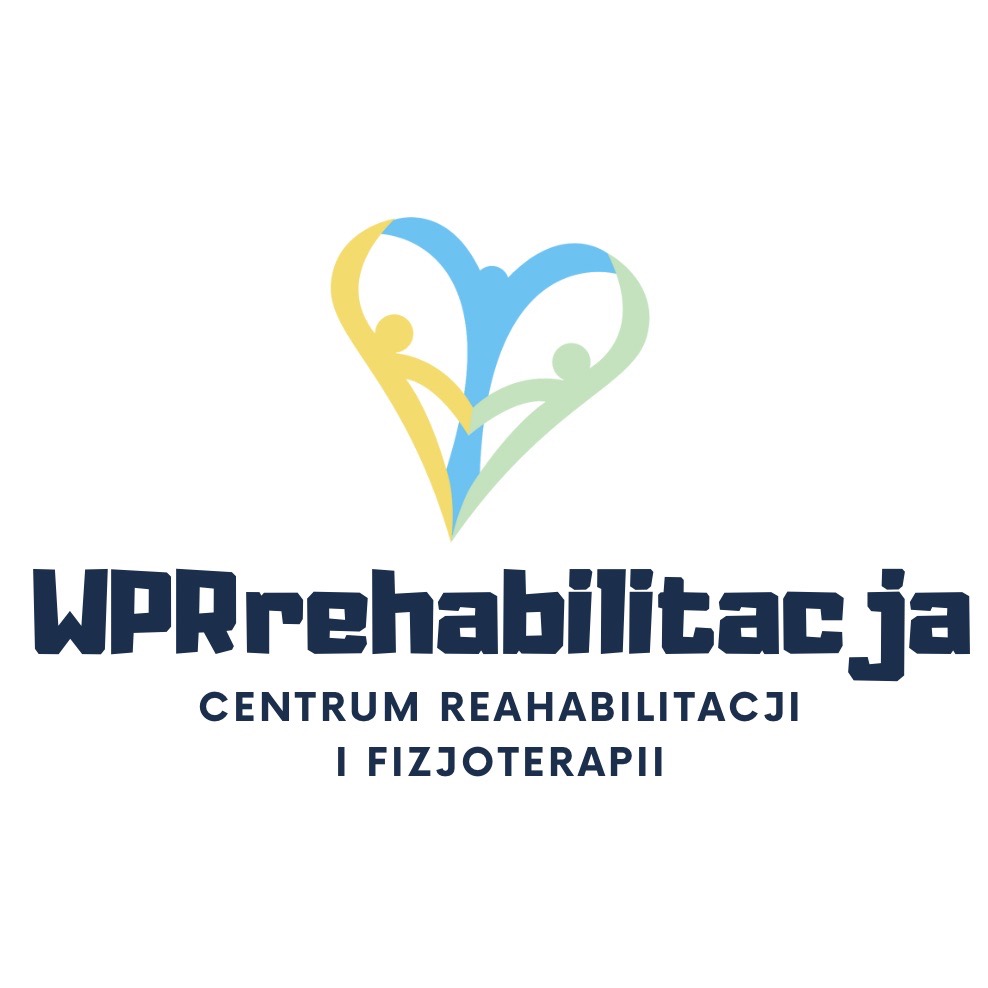 Grafika z logo WPRrehabilitacja, centrum rehabilitacji i fizjoterapii. Symbol serca utworzony z sylwetek osób w kolorach: żółtym, niebieskim i zielonym.