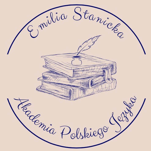 Ilustracja w odcieniach beżu i granatu: stos książek z piórem w kałamarzu, otoczona napisem 'Emilia Stanicka Akademia Polskiego Języka'.