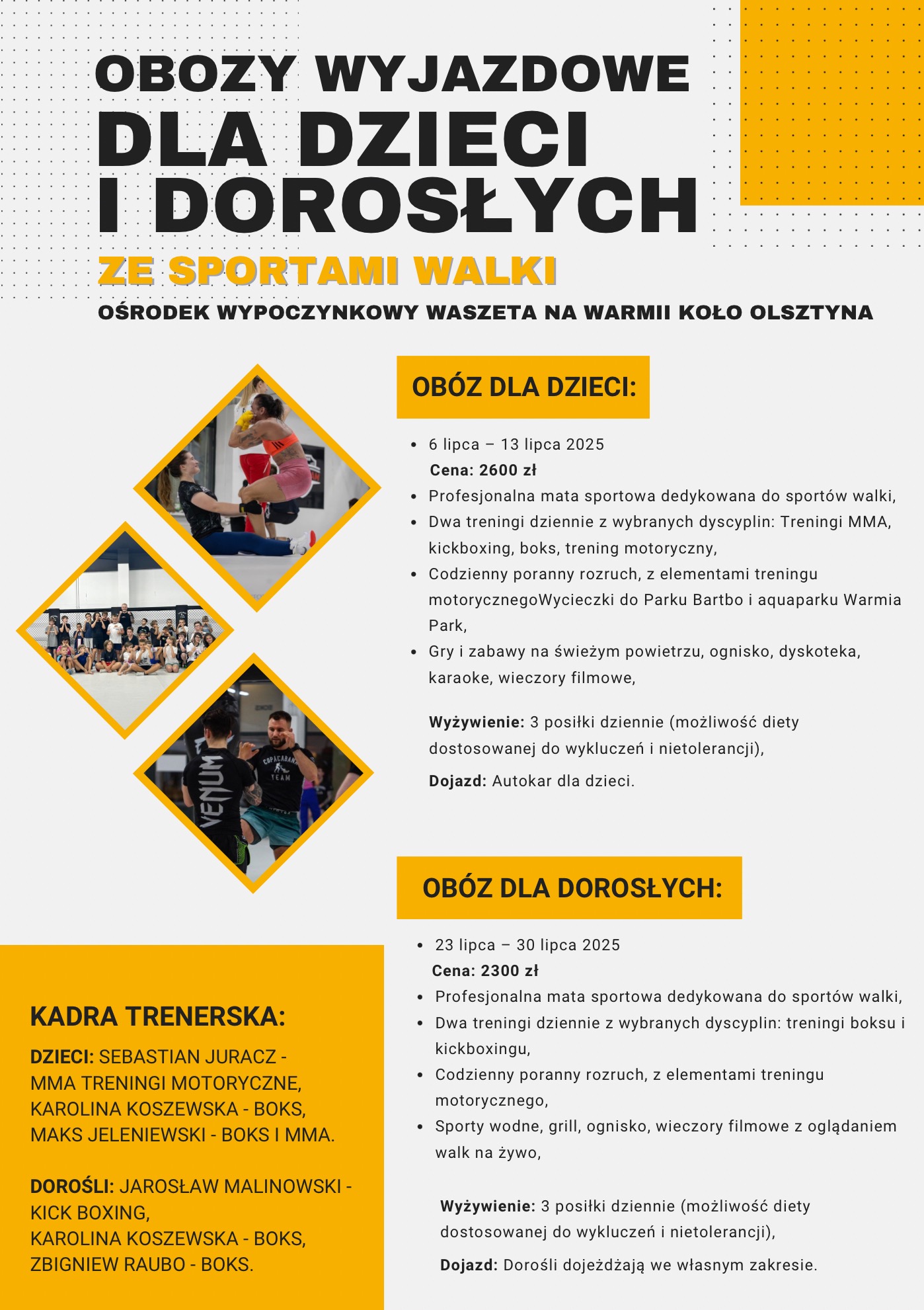 Plakat obozu sportowego z elementami walki dla dzieci i dorosłych, z kadrami z treningów MMA i boksu. Informacje o terminach, cenach i kadrze trenerskiej.