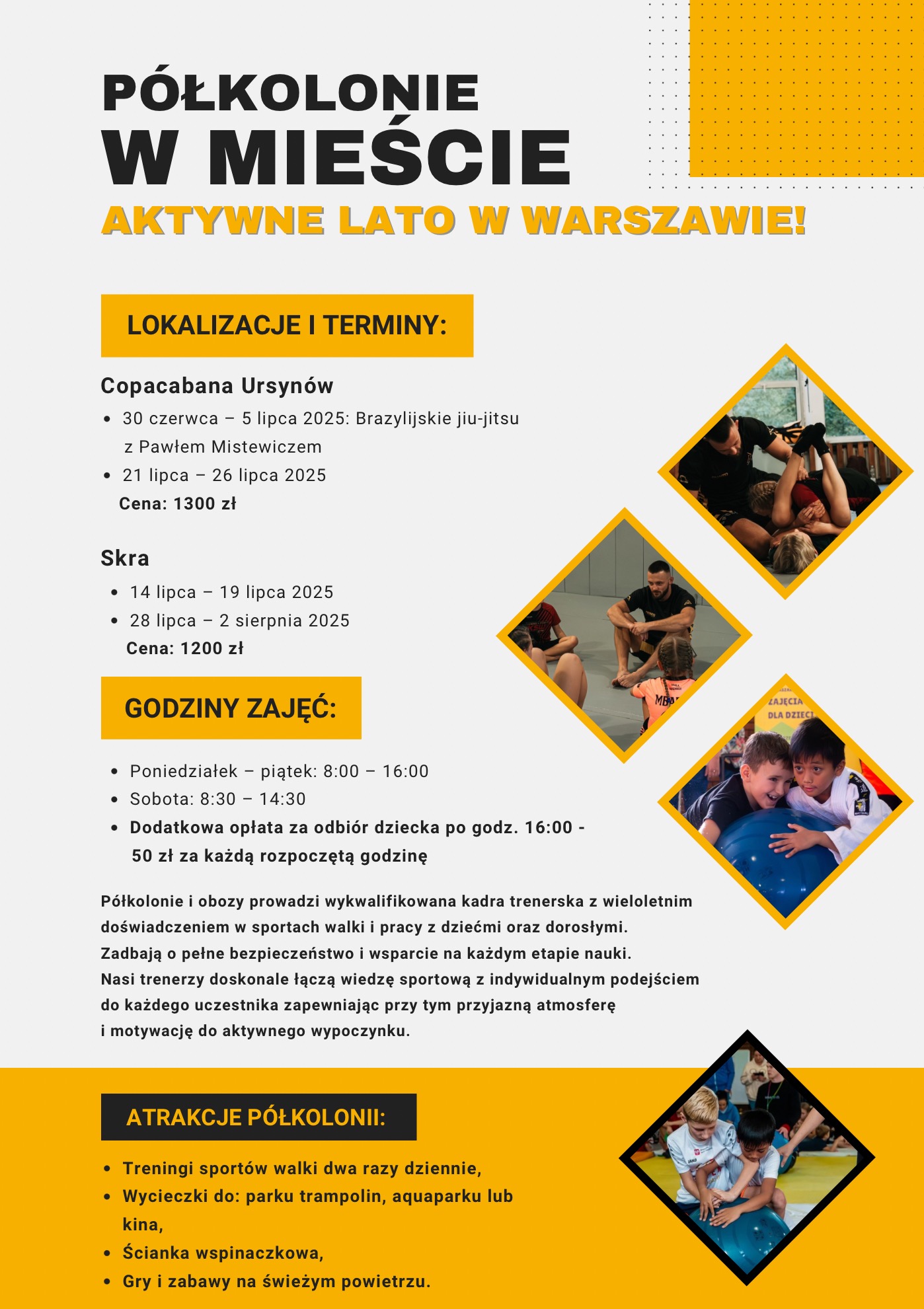 Plakat promujący półkolonie w Warszawie, z ofertą sportów walki, wycieczek, ścianki wspinaczkowej i gier na świeżym powietrzu. Informacje o lokalizacjach i terminach.