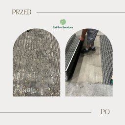 2M Pro Services - Porównanie stanu kostki brukowej przed i po czyszczeniu. Po lewej brudna, po prawej czysta. Widoczny fragment osoby wykonującej usługę.