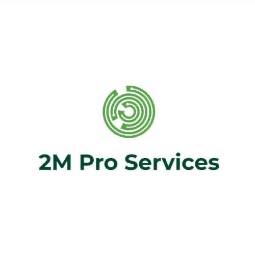 Logo firmy 2M Pro Services. Zielony, okrągły symbol z abstrakcyjnym motywem labiryntu nad nazwą firmy. Minimalistyczny design na białym tle.