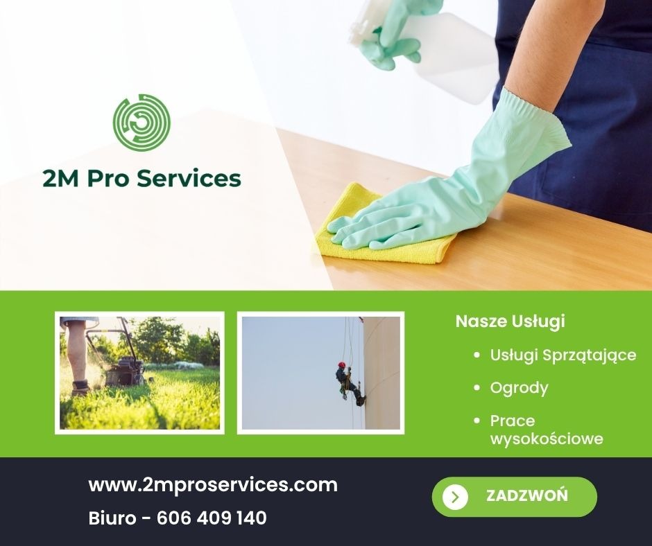 Dłoń w rękawicy czyści żółtą ściereczką drewniany blat. W tle butelka ze spryskiwaczem. Na dole grafika z ofertą usług: sprzątanie, ogrody, prace wysokościowe.