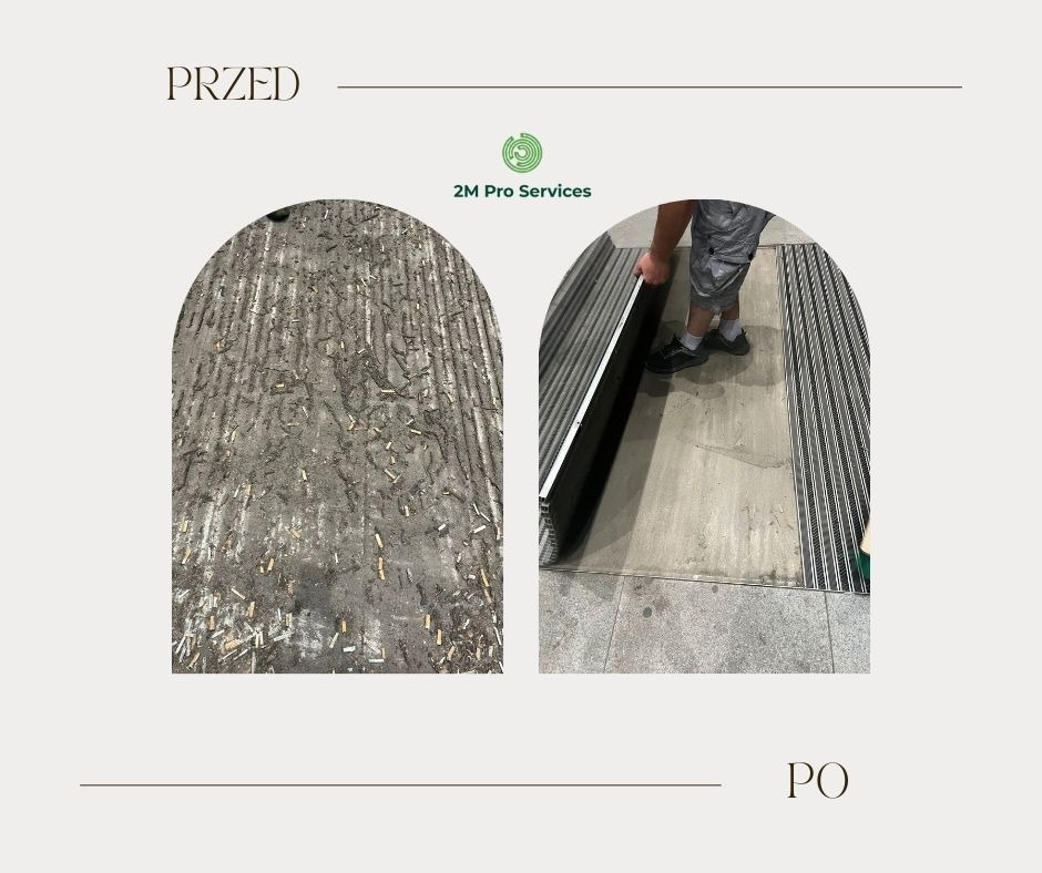 Porównanie stanu kostki brukowej przed i po czyszczeniu. Po lewej brudna, po prawej czysta. Widoczny fragment osoby wykonującej usługę.