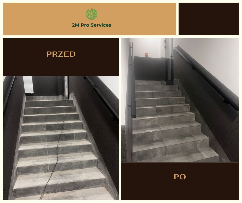 Schody w budynku w ujęciu przed i po czyszczeniu. Po prawej stronie schody po umyciu, po lewej stronie schody przed umyciem. Widoczne szare płytki i czarne poręcze.