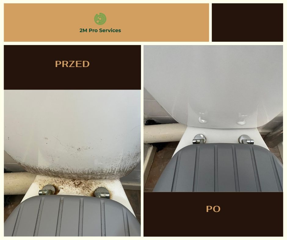 Toaleta przed i po czyszczeniu: widoczne osady usunięte, powierzchnia lśniąca. Ujęcie z góry, ukazujące detale.